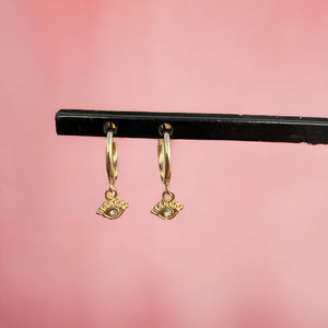 'The Guardians' Hoops - 14 Karat Yellow Gold Dangling Eye Hoop Earring 'The Guardians' Hoops - 14 Karat Yellow Gold Dangling Eye Hoop Earring
