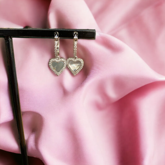 'Be Vearless' Earrings - Silver 925 Rhodium Plated Dangling CZ Heart with Mother of Pearl huggie hoop Earrings