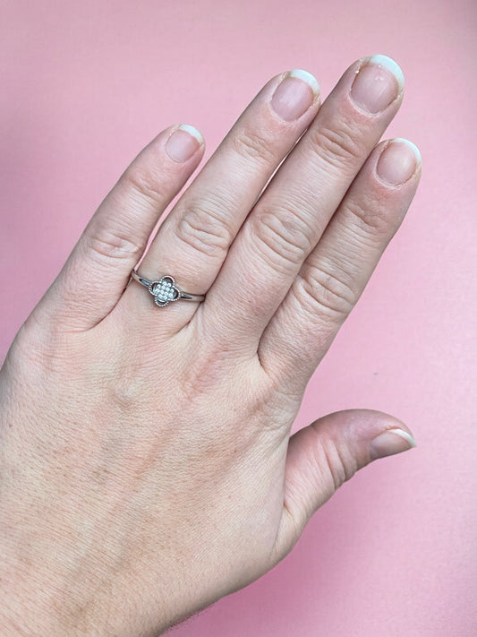 'Your Lucky Charm' Ring- Silver 925 Rhodium Plated Clover Ring with Micro Pave CZ Stones