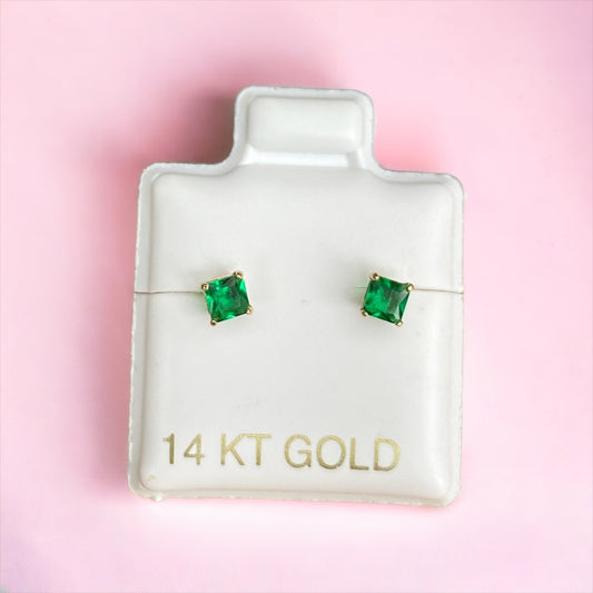 'Your path of Growth' Ear Studs - Emerald Zirconia 14 Karat Yellow Gold Push Back Stud Earrings