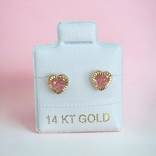 The 'Blushing Soul' Ear Studs - 14 Karat Yellow Gold Heart Pink CZ Screw Back Stud Earrings